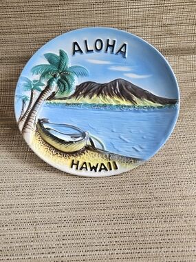 Vintage Aloha Hawaii Decorative Ceramic Plate - Blue Tropical Scene